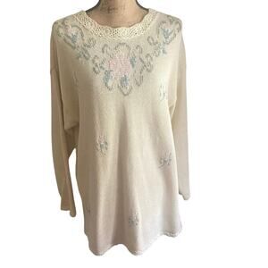 Vintage Embroidered Knit Tunic Sweater M Crochet Lace Dana Scott